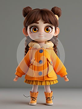 Cute girl in orange jacket. Cartoon little girl with big eyes, and braided hair photo