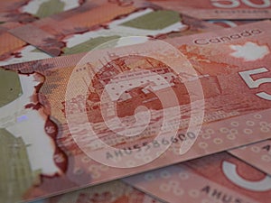 CAD. Canadian currency background. Closeup photo. Dollars of Canada