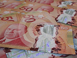 CAD. Canadian currency background. Closeup photo. Dollars of Canada