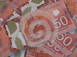 CAD. Canadian currency background. Closeup photo. Dollars of Canada