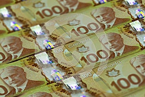 CAD. Canadian currency background. Closeup photo. Dollars of Canada. Ottawa