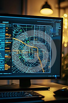 CAD software showing a citywide power grid map with energy flow dynamics on a large monitor. photo