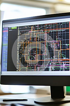 CAD software showing an electrical grid map overlay on a geographic layout displayed on a workstation.