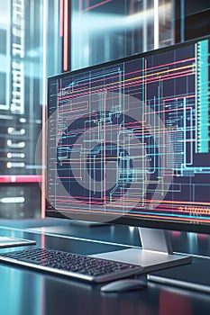 CAD software showing an electrical grid map overlay on a geographic layout displayed on a workstation.