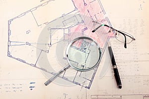 Cadastral map with glasses and pen photo
