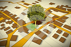 Cadastral map with a tree on a green area - concept image photo