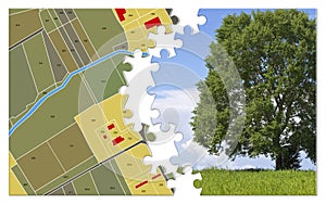 Cadastral mape and General Urban Plan with lone tree in a rural scene - From nature to city photo