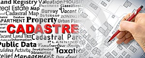 Cadastre infographic concept with text about the most relevant keywords and imaginary cadastral map