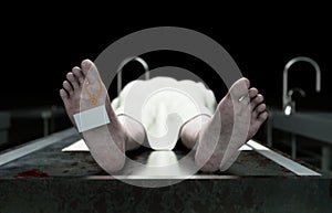 Cadaver, dead male body in morgue on steel table. Corpse. Autopsy concept. 3d rendering.