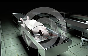 Cadaver, dead male body in morgue on steel table. Corpse. Autopsy concept. 3d rendering.