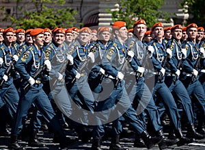 Cadets of the Academy of civil protection of EMERCOM of Russia during the parade on red square in honor of Victory day.