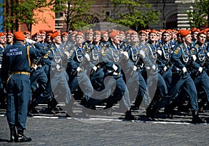 Cadets of the Academy of civil protection of EMERCOM of Russia during the parade on red square in honor of Victory day.