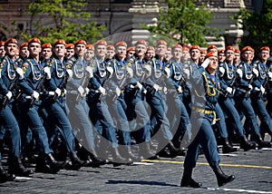 Cadets of the Academy of civil protection of EMERCOM of Russia during the parade on red square in honor of Victory day.