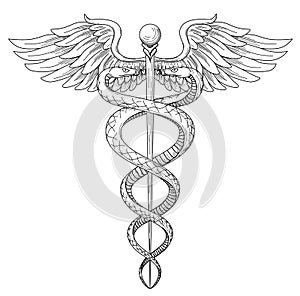 Cadeus Medical medecine pharmacy doctor acient high detailed symbol. Vector hand drawn black linear tho snakes with wings sword b