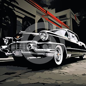 Cadillac Deville Classic Car Painting Noir Comic Art With Black And White Colors