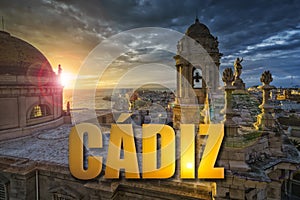 Sunset Over Cathedral Cadiz Spain CADIZ text