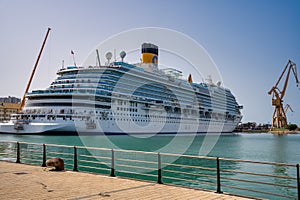 Cadiz, Spain - April 8, 2023: A cruise ship in the city port on a sunny day