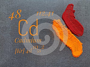 Cadmium, chemical element of periodic table with atomic data and orange red powder pigments