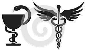 Caduceus and Bowl of Hygieia. Health symbols. Vector icons isolated on white photo