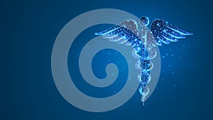 Caduceus health symbol. medical symbol, health care concept. Abstract, digital, wireframe, low poly mesh, vector blue