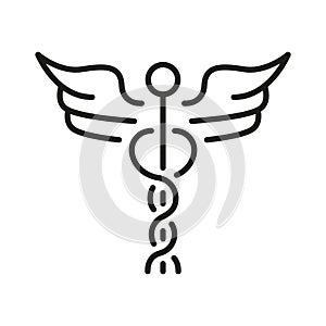 Caduceus Medical Sign. Pharmacy Emblem, Emergency Hospital Linear Pictogram. Pharmaceutical Healthcare Outline Icon