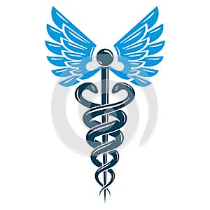 Caduceus medical symbol, graphic vector emblem created with wing