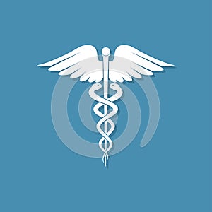Caduceus medical symbol icon with shadow on a blue background