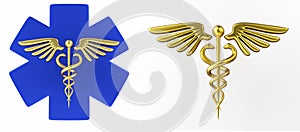 Caduceus medical symbol isolated on a white background. Caduceus sign with snakes on a medical star. 3d render