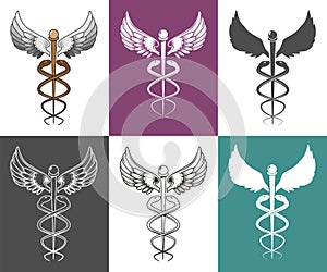 Caduceus medical symbol set, vector isolated illustration. Two snakes winding around winged staff. Symbol of Hermes.