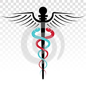 Caduceus medical symbol with two snake for healthcare and medicine pharmacy apps on a transparent background