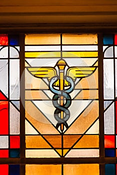 Caduceus medicine Symbol stained Glass window photo