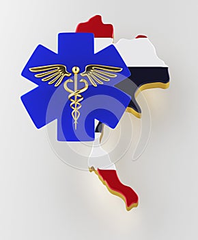 Caduceus sign with snakes on a medical star. Map of Thailand land border with flag. 3d rendering