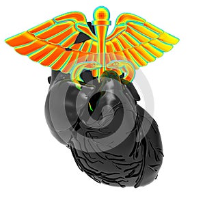 Caduceus Symbol inside Human Heart on a white background. 3d Rendering