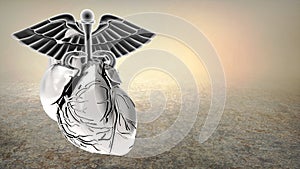 Caduceus Symbol inside Human Heart on a white background. 3d Rendering