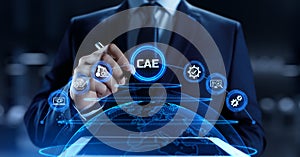 CAE Computer-aided engineering software system concept. Businessman pressing button on screen. photo