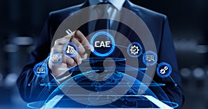 CAE Computer-aided engineering software system concept. Businessman pressing button on screen.