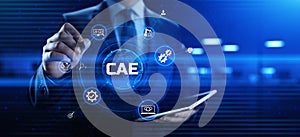 CAE Computer-aided engineering software system concept. Businessman pressing button on screen photo