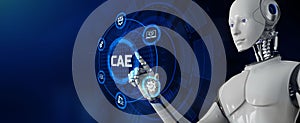 CAE Computer-aided engineering software system. technology concept. Robot pressing button on screen 3d render