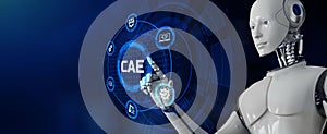 CAE Computer-aided engineering software system. technology concept. Robot pressing button on screen 3d render photo