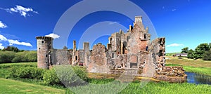 Caerlaverock Castle Panorama and Moat from Solway Side, Dumfries and Galloway, Southern Scotland, Great Britain