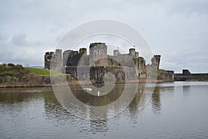 Caerphilly Castle near Cardiff Wales in March 2017