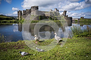 Caerphilly Castle in sunshine in South Wales