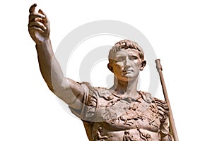 Caesar Augustus, the first emperor of Ancient Rome. Bronze monumental statue in the center of Rome isolated on white