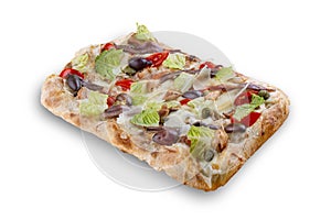 Caesar pizza with chicken, anchovies, romaine, cherry, kalamata, capers, pesto. Roman pizza rectangular on white background