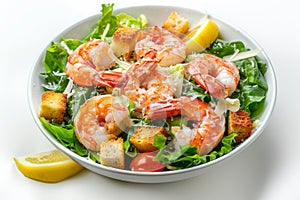 Caesar Salad, Cesar Salat or Barbecue Shrimps Ceasar with Green Lettuce, Grated Parmesan Cheese