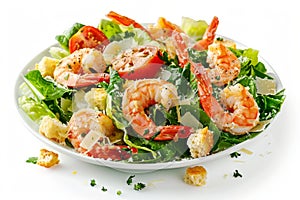 Caesar Salad, Cesar Salat or Barbecue Shrimps Ceasar with Green Lettuce, Grated Parmesan Cheese