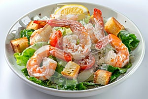 Caesar Salad, Cesar Salat or Barbecue Shrimps Ceasar with Green Lettuce, Grated Parmesan Cheese