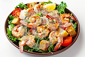 Caesar Salad, Cesar Salat or Barbecue Shrimps Ceasar with Green Lettuce, Grated Parmesan Cheese