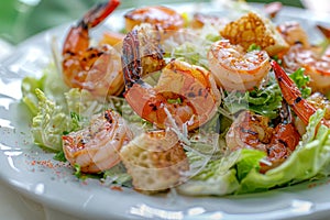 Caesar Salad, Cesar Salat or Barbecue Shrimps Ceasar with Green Lettuce, Grated Parmesan Cheese