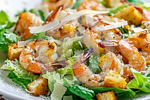 Caesar Salad, Cesar Salat or Barbecue Shrimps Ceasar with Green Lettuce, Grated Parmesan Cheese